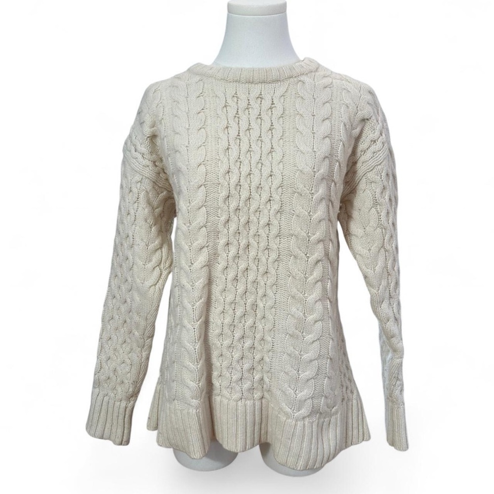 J. Jill Women’s Chunky Cream Cableknit Fisherman Lambswool Sweater - Small Tall